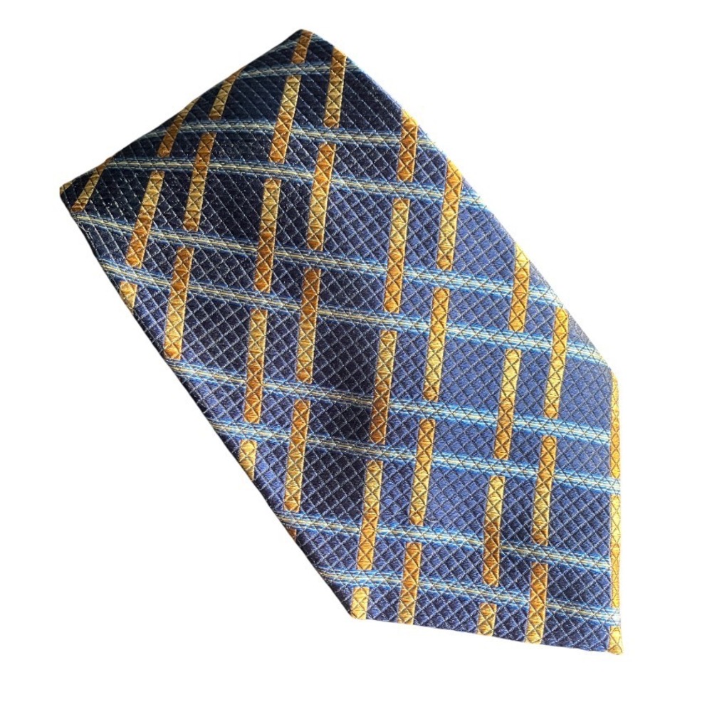PAUL FREDRICK Men's Italian Silk Neck Tie BLUE-COPPER-GOLD Plaid Stripes WOVEN